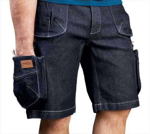 NEO TOOLS Farmer Rövid munkásnadrág, DENIM, cipzáros oldalzsebekkel, 98% pamut, 410g/m2, M 81-279-M