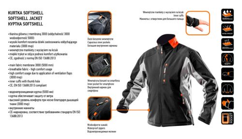 NEO TOOLS Softshell Munkavédelmi kabát, Víz- és szélálló, XL/56 Vízálló (5000mm), szellőztető szelepek (3000mpv), XL 81-550-XL