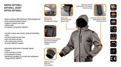 NEO TOOLS Softshell Munkavédelmi kabát, levehető kapucnival, XL 81-551-XL