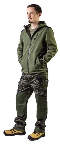 NEO TOOLS Terepmintás, softshell Munkavédelmi kabát, víz- és szélálló, kapucnis, CAMO, vízáll.:5000mm, légáter.:3000g/m2/24h, S 81-553-S