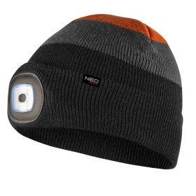   NEO TOOLS Kötött munkasapka, beépített led lámpával, fekete-szürke-narancs, PREMIUM, Téli 81-631