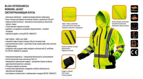 NEO TOOLS Láthatósági Munkavédelmi kabát, citromsárga, kapucnival, S 81-745-S