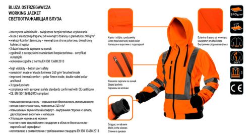 NEO TOOLS Láthatósági Munkavédelmi kabát, narancssárga, kapucnival, M 81-746-M