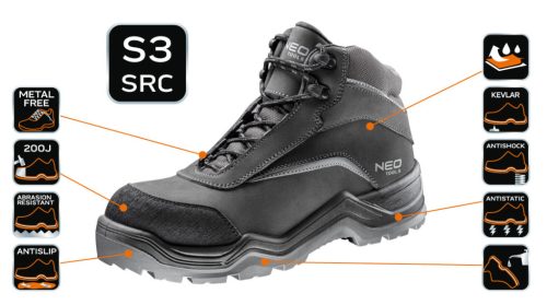 NEO TOOLS Munkavédelmi bakancs S3 SRC, Nubuk bőr, 43 82-151-43