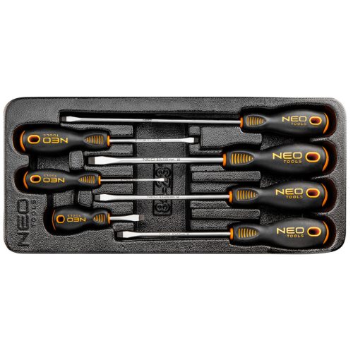 NEO TOOLS Csavarhúzó készlet, lapos 7db, műhelykocsitálcával 25 év garanciával 84-231
