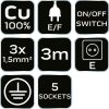 NEO TOOLS Hálózati elosztó, kapcsolós, 5 aljzat, 3m/ 3x1,5mm2 kábel, fehér 90-179