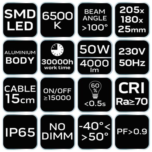 NEO TOOLS Reflektor 230V/50W, 4000lum, SMD led 2 év garanciával 99-053