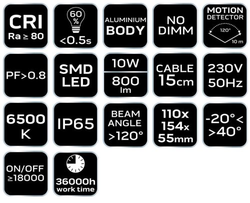 NEO TOOLS Reflektor, mozgásérzékelős, 230V/10W, 800lum, SMD led 2 év garanciával 99-094