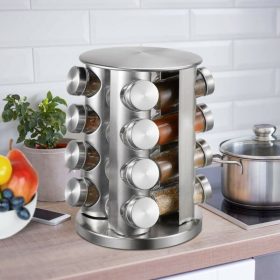   16 részes üveg fűszertartó készlet forgatható inox fém állvánnyal
